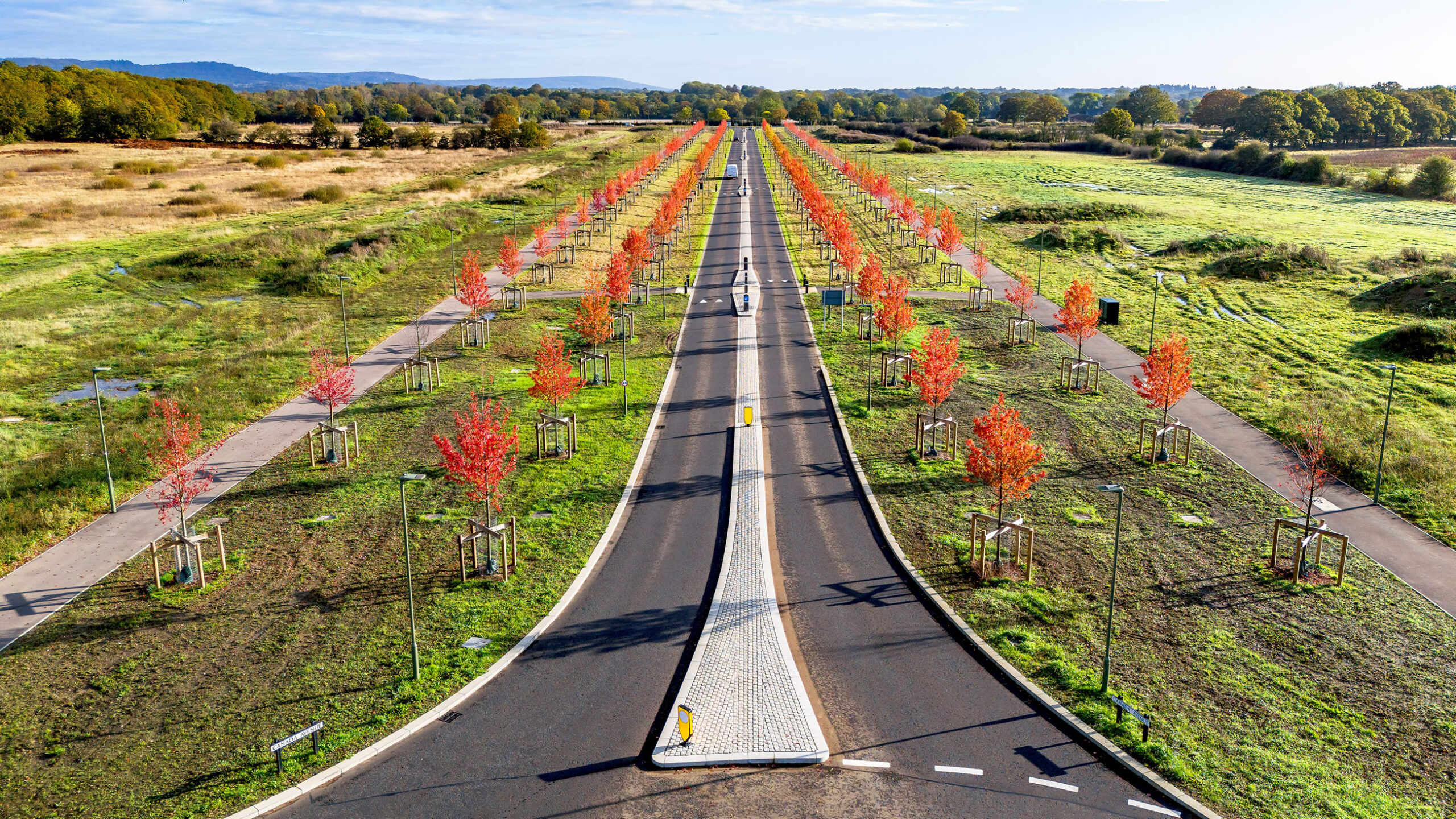 Aerial view of a straight road flanked by rows of red autumn trees, with sidewalks and open fields on both sides.”,